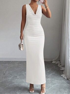 Sleeveless White Ruched Cowl Neck Maxi Dress